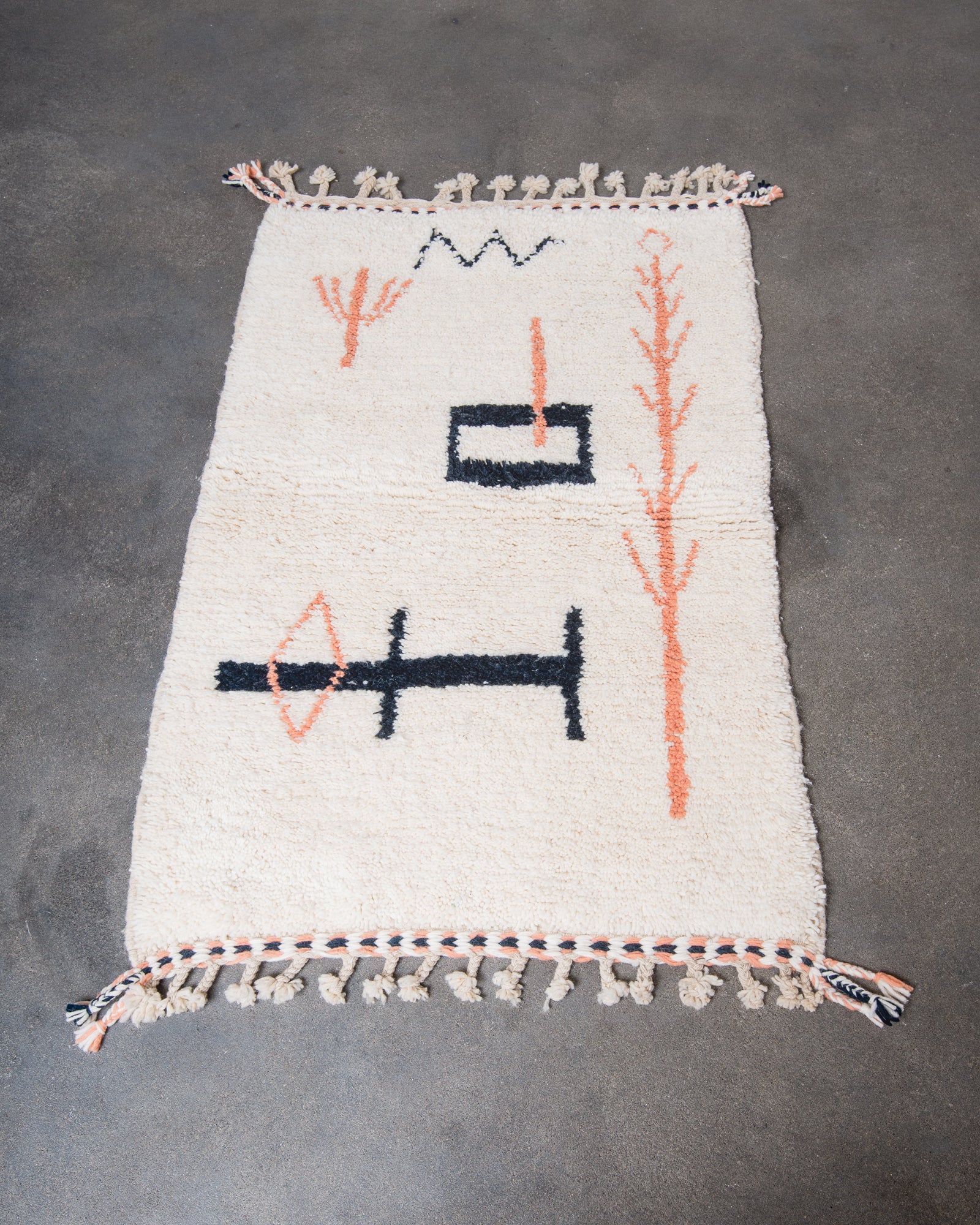 Modern, designer, handcrafted Berber rug from Morocco. Beniourain carpet with beautiful colours and patterns and fluffy wool texture.